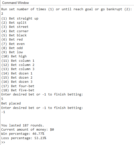 Roulette Simulator example output